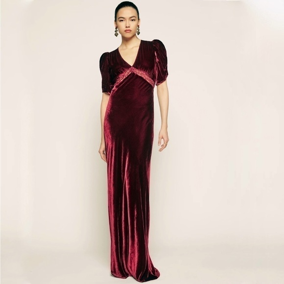 NWT Reformation Malaga Velvet Dress Ruby Red Velvet Lace Puff Shoulder Chianti